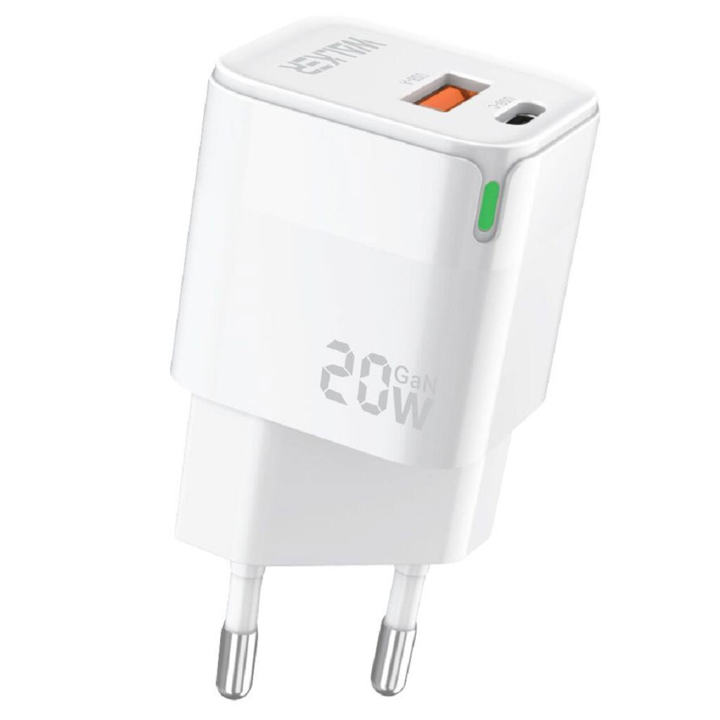 Сетевой адаптер WALKER WH-42 GaN, 3A, 20W, USB+USB-C, QC 3.0 + PD, белый