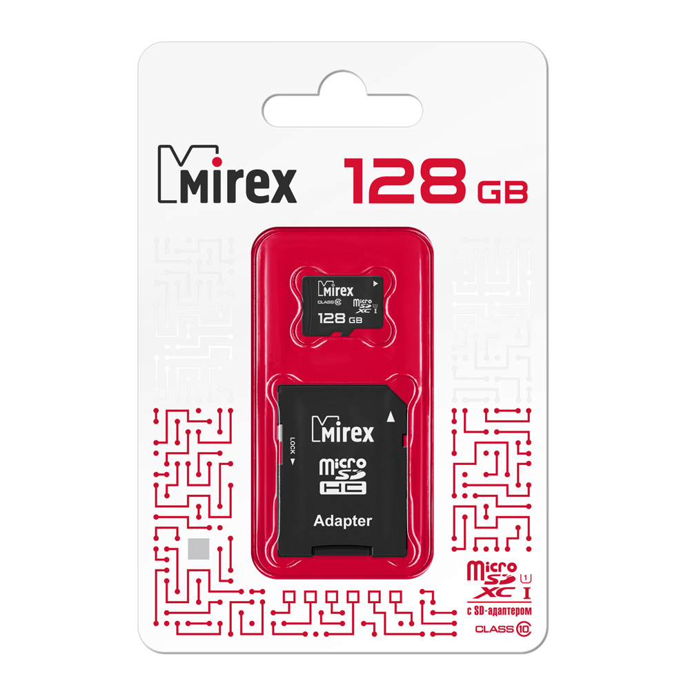 Карта памяти MicroSDXC Mirex 128 GB класс 10 (UHS-I, U1, class 10) с адаптером