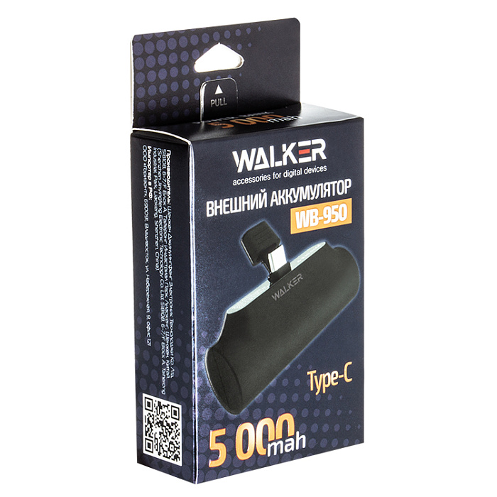 Внешний аккумулятор Power Bank 5000 mAh WALKER WB-950 Mini (TYPE-C), подставка, черный
