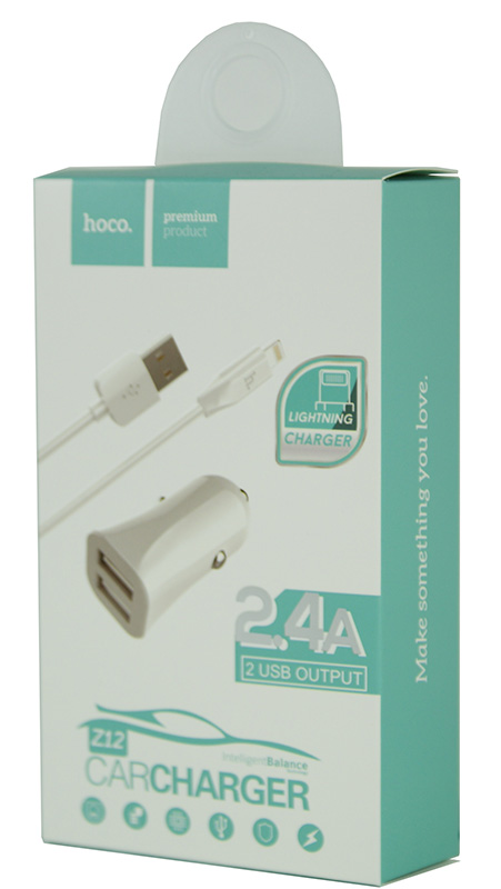 Автомобильный адаптер HOCO Z12 2 USB (2400mAh) с кабелем Lightning