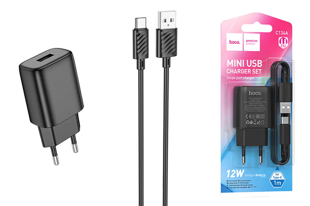 Сетевой адаптер HOCO C134A Solid single port charger 2.4A с кабелем Type-C, черный