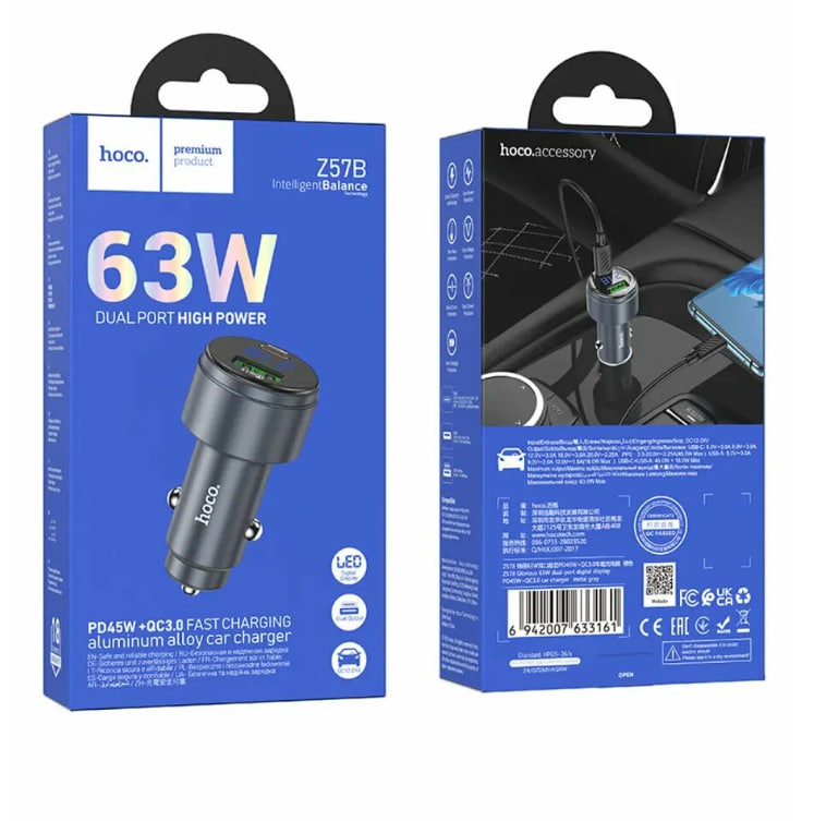 Автомобильный адаптер HOCO Z57B, 1USB/1Type-C, QC3.0+PD45W, 3A, прозрачный серый
