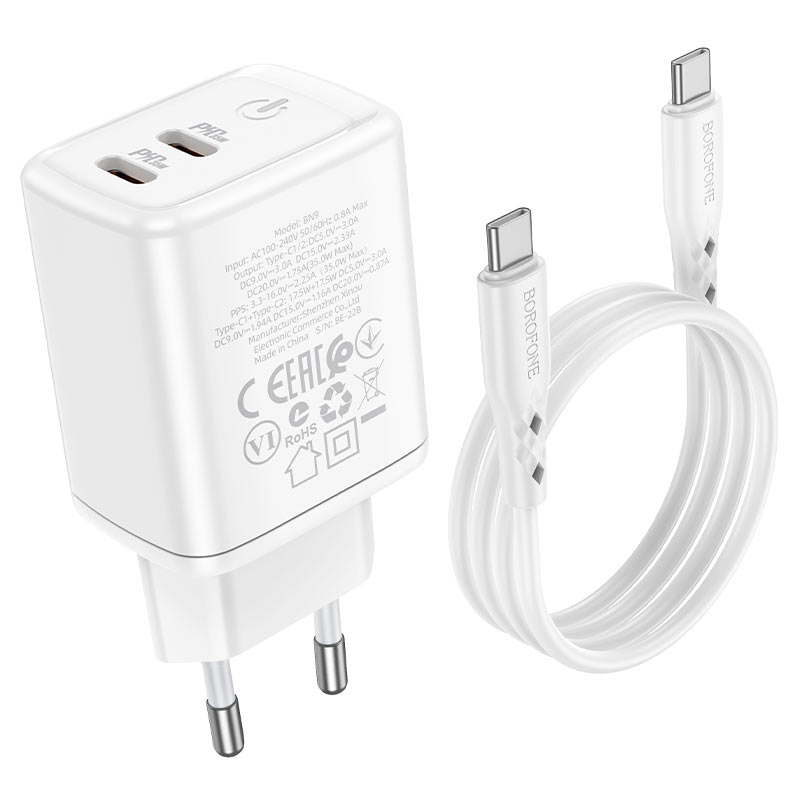Сетевой адаптер BOROFONE BN9 Reacher (2 Type-C, 35W) с кабелем Type-C - Type-C, белый