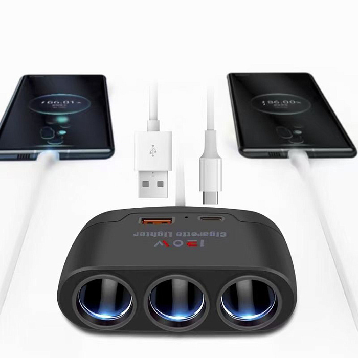 Разветвитель розетки автоприкуривателя WALKER WSC-21 (80BT, 3 гнезда, USB 2.1A, USB-C), черный