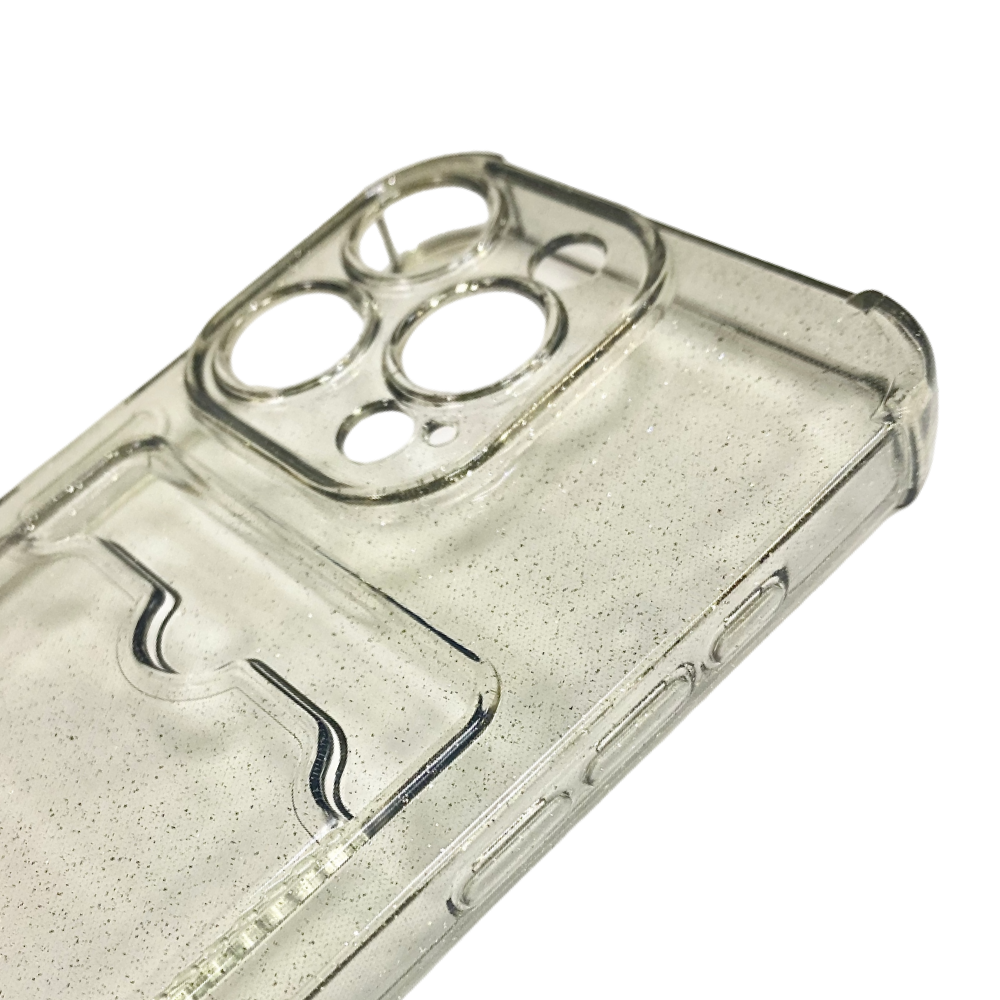 Чехол силиконовый с визитницей iPhone 15 Pro, прозрачный черный, с блестками