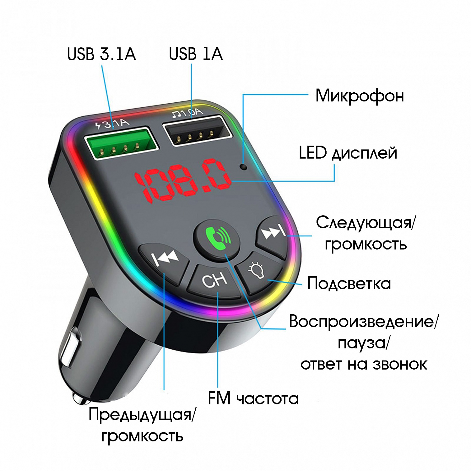 USB MP3 плеер с FM трансмиттером с дисплеем TDS TS-CAF16 (Bluetooth, RGB, USB 3.1) черный