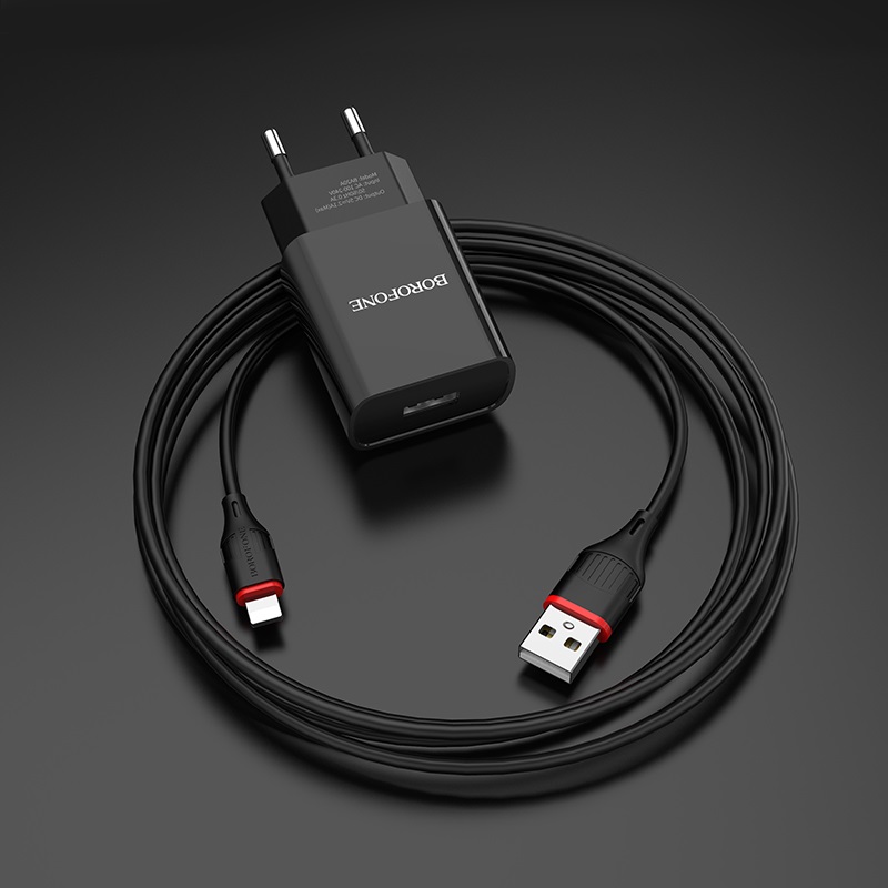 Сетевой адаптер BOROFONE BA20A (1 USB, 2.1A) с кабелем Type-C, черный