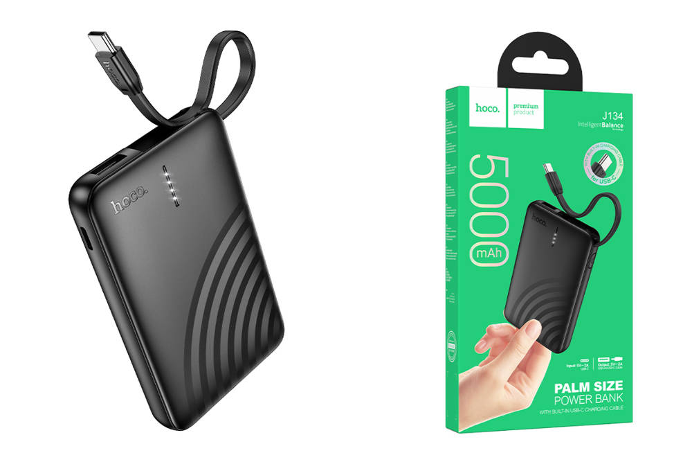 Внешний аккумулятор Power Bank 5000 mAh HOCO J134 Strong, с кабелем USB-C, черный
