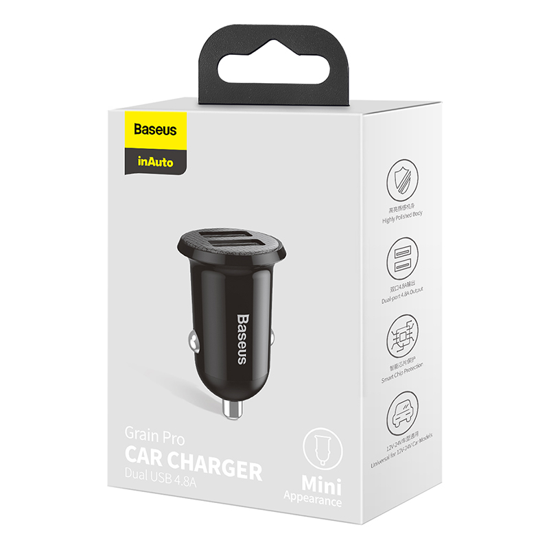 Автомобильный адаптер BASEUS Grain Pro (2 USB, 4.8A), черный